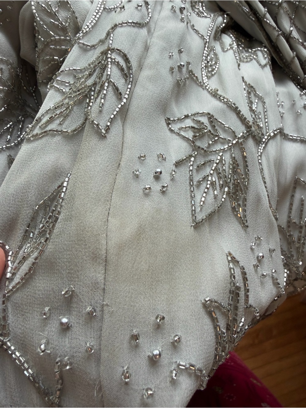 Vintage CACHE BEADED DRESS 100% Silk Gray Metallic Silver Beading Beads LARGE L - Picture 17 of 17